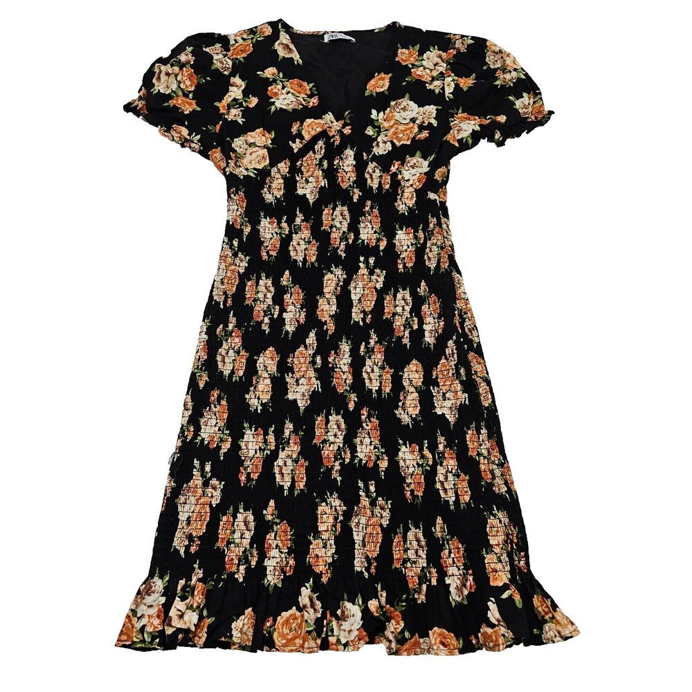 Zara Antique Floral V-neck Cottagecore Puff Shoulder Smocked Mini Dress Sz‎ S
